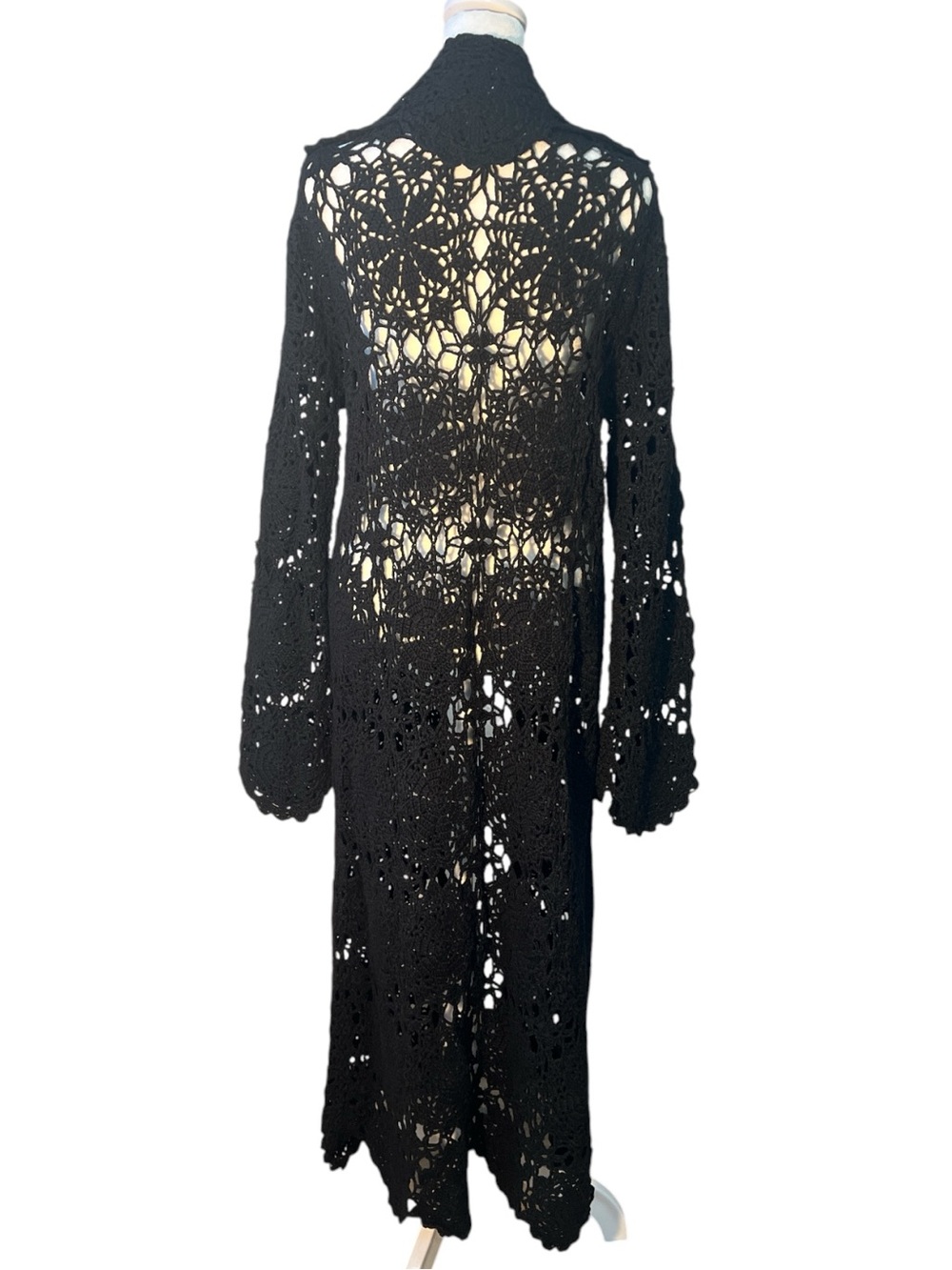 Newport News Black Crochet Duster Cardigan XL Open Knit Long Sleeve Festival - Picture 2 of 5